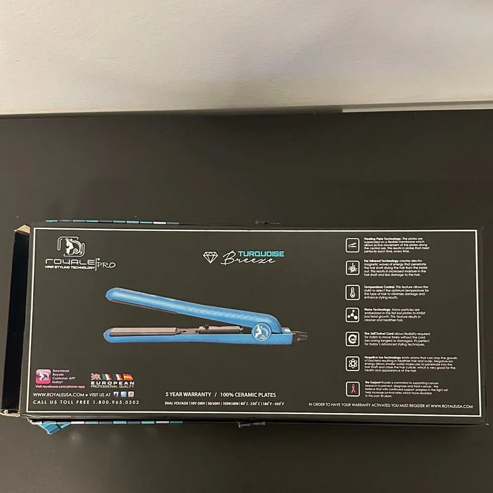 Royale Pro Turquoise Breeze Hair Straightener with 2 Clips. NWT
